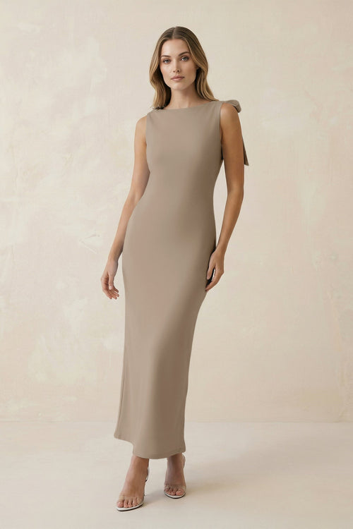Bateau Neck Sheath Satin Midi Bridesmaid Dress With Bow in Almond - KISS BRIDAL Bridesmaid Dresses
