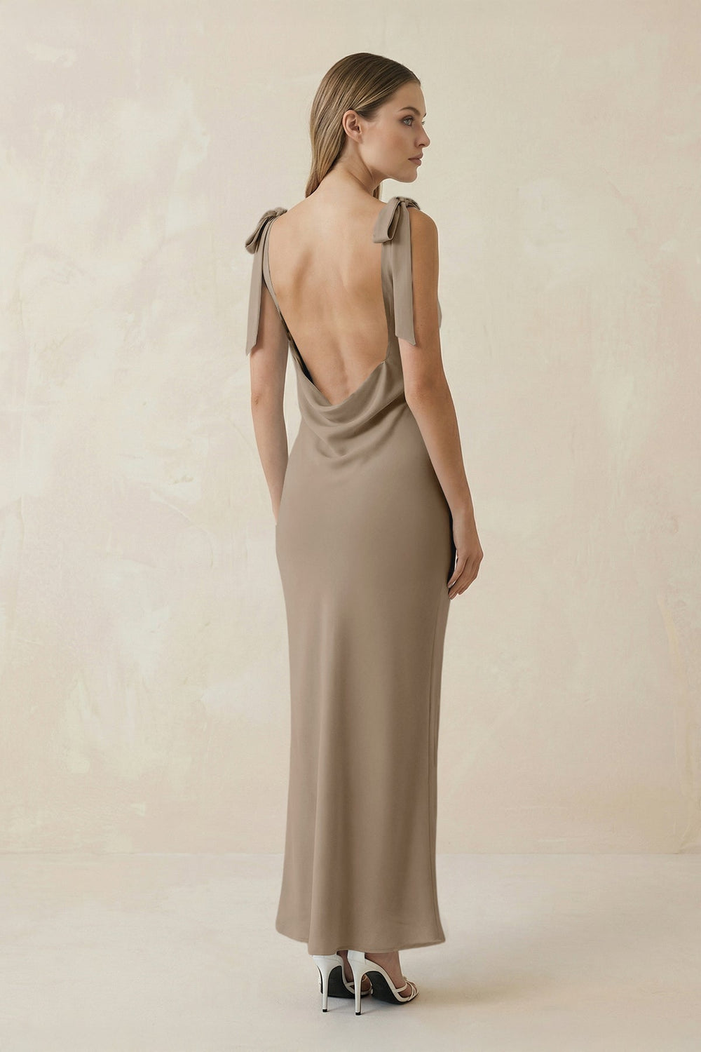 Bateau Neck Sheath Satin Midi Bridesmaid Dress With Bow in Almond - SHE IS ME Bridesmaid Dresses