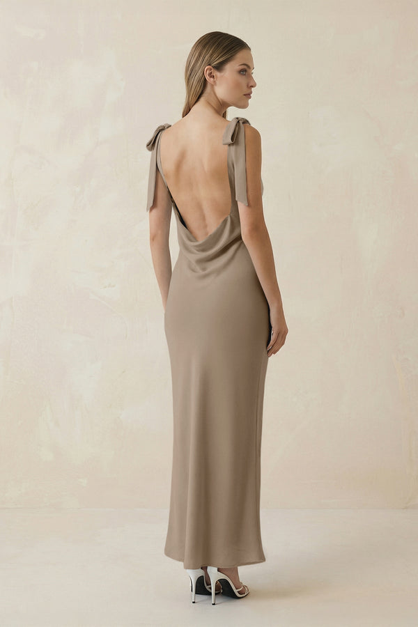 Bateau Neck Sheath Satin Midi Bridesmaid Dress With Bow in Almond - KISS BRIDAL Bridesmaid Dresses
