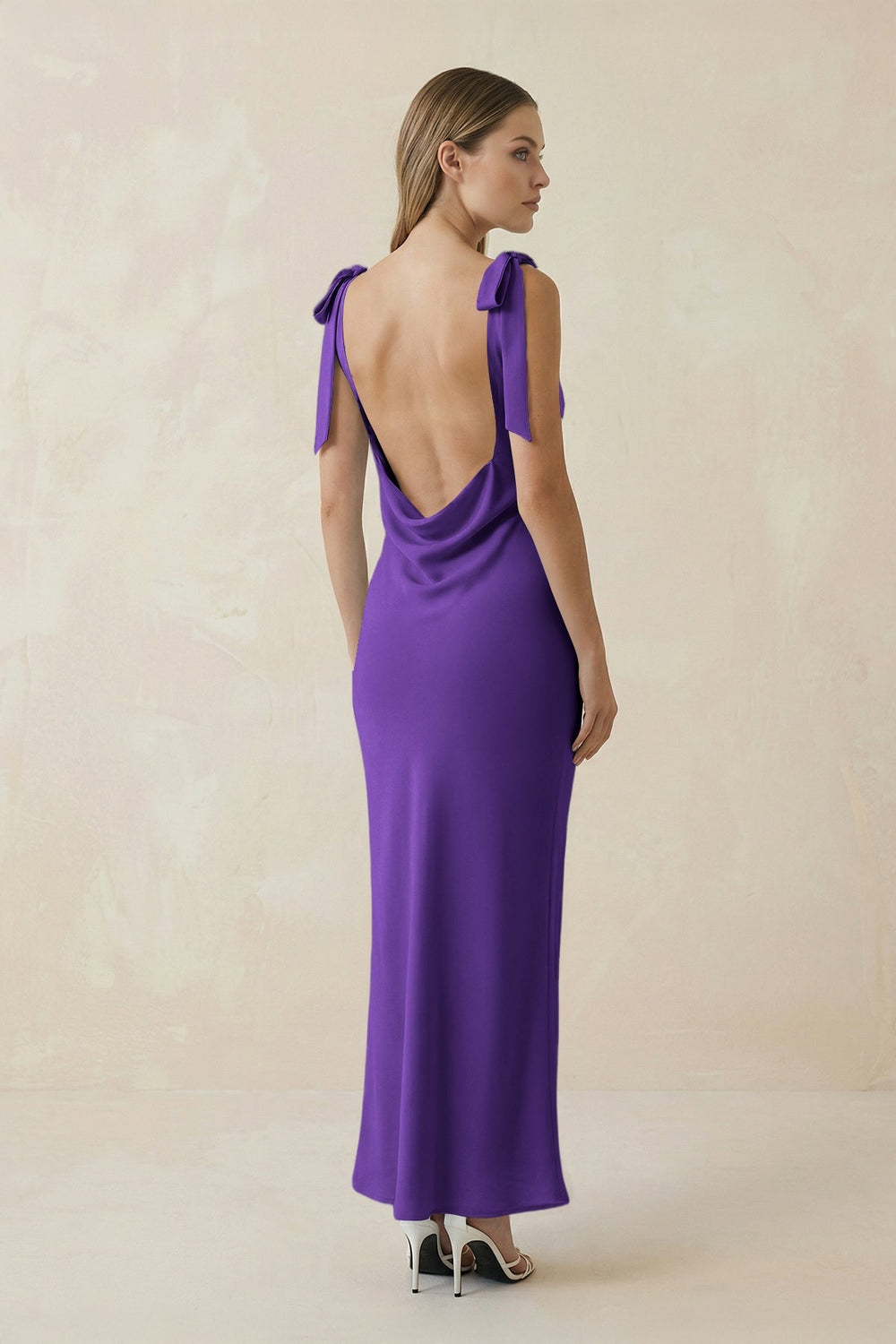 Bateau Neck Sheath Satin Midi Bridesmaid Dress With Bow in Amethyst - KISS BRIDAL Bridesmaid Dresses
