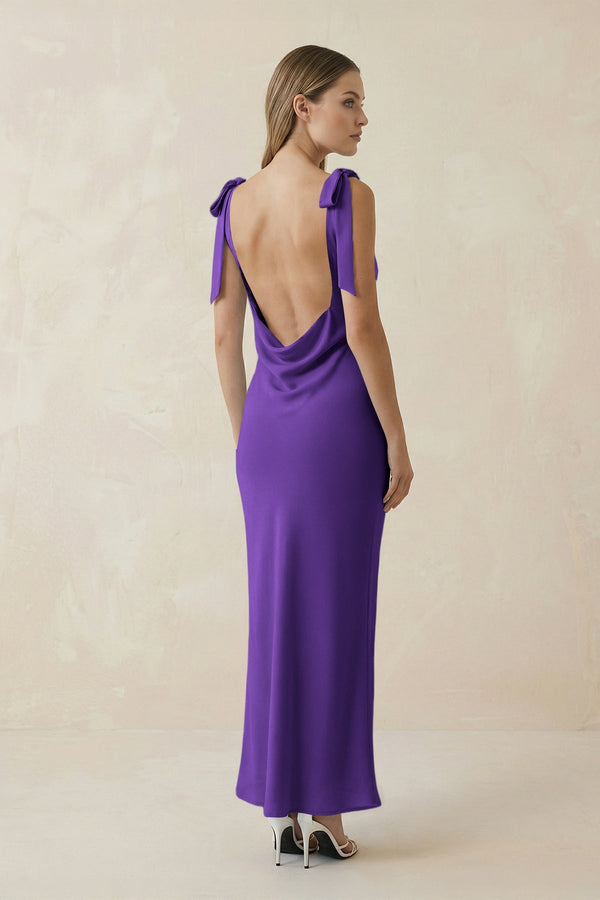 Bateau Neck Sheath Satin Midi Bridesmaid Dress With Bow in Amethyst - KISS BRIDAL Bridesmaid Dresses