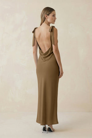 Bateau Neck Sheath Satin Midi Bridesmaid Dress With Bow in Apple Cinnamon - KISS BRIDAL Bridesmaid Dresses