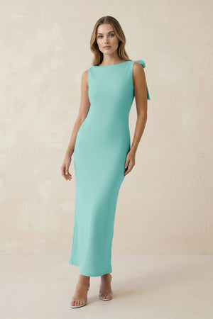 Bateau Neck Sheath Satin Midi Bridesmaid Dress With Bow in Aqua - KISS BRIDAL Bridesmaid Dresses