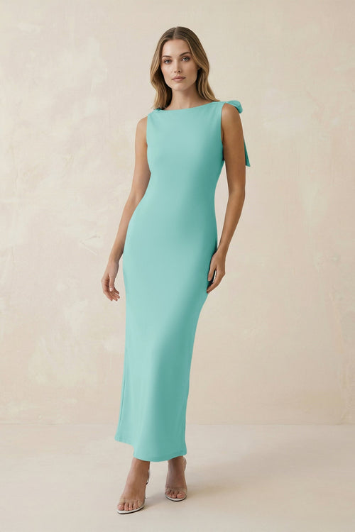 Bateau Neck Sheath Satin Midi Bridesmaid Dress With Bow in Aqua - KISS BRIDAL Bridesmaid Dresses