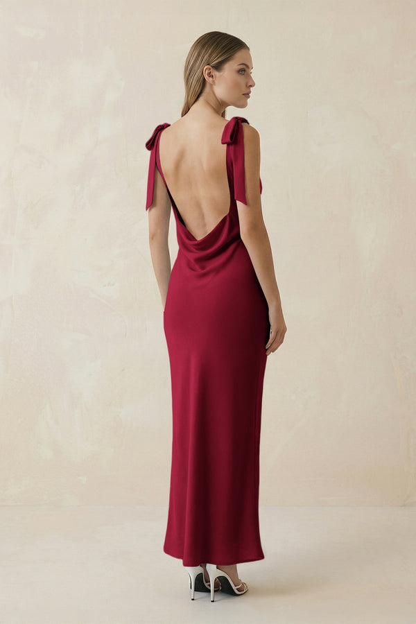 Bateau Neck Sheath Satin Midi Bridesmaid Dress With Bow in Berry - KISS BRIDAL Bridesmaid Dresses