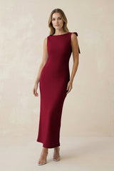 Bateau Neck Sheath Satin Midi Bridesmaid Dress With Bow in Berry - KISS BRIDAL Bridesmaid Dresses
