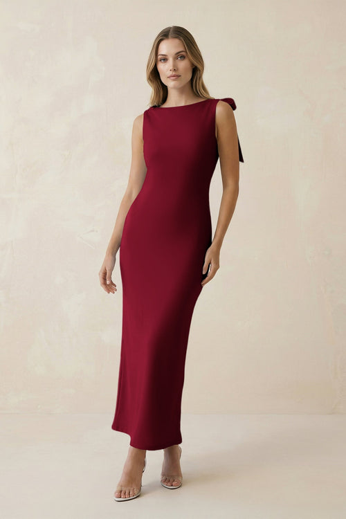 Bateau Neck Sheath Satin Midi Bridesmaid Dress With Bow in Berry - KISS BRIDAL Bridesmaid Dresses