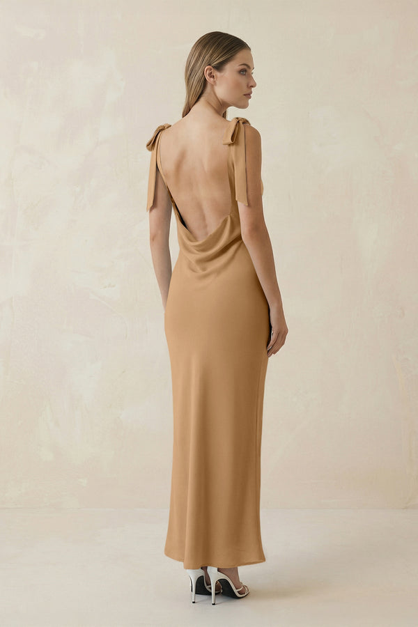 Bateau Neck Sheath Satin Midi Bridesmaid Dress With Bow in Bronzer - KISS BRIDAL Bridesmaid Dresses
