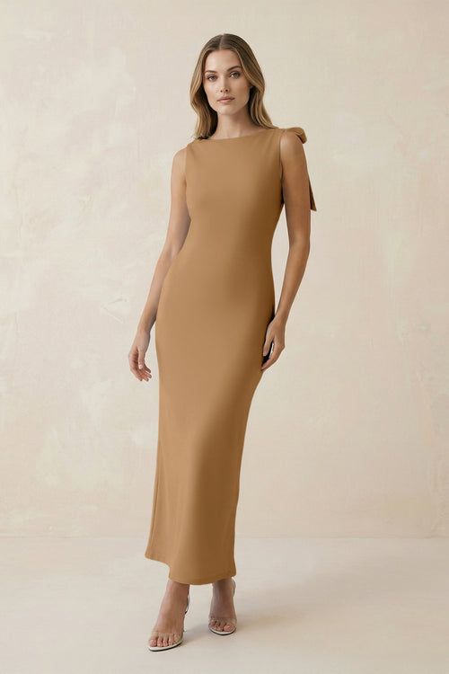 Bateau Neck Sheath Satin Midi Bridesmaid Dress With Bow in Bronzer - KISS BRIDAL Bridesmaid Dresses