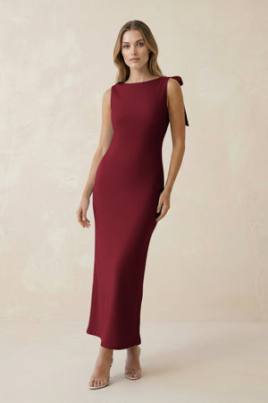 Bateau Neck Sheath Satin Midi Bridesmaid Dress With Bow in Burgundy - KISS BRIDAL Bridesmaid Dresses