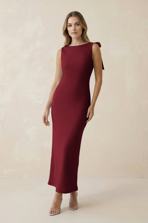 Bateau Neck Sheath Satin Midi Bridesmaid Dress With Bow in Burgundy - KISS BRIDAL Bridesmaid Dresses