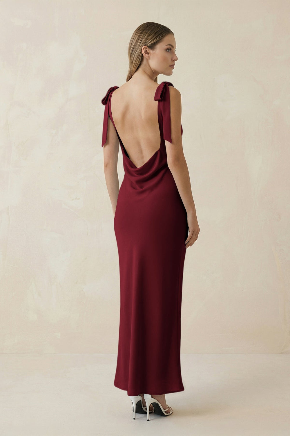 Bateau Neck Sheath Satin Midi Bridesmaid Dress With Bow in Burgundy - KISS BRIDAL Bridesmaid Dresses