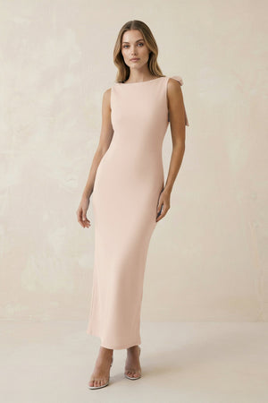 Bateau Neck Sheath Satin Midi Bridesmaid Dress With Bow in Buttercream - KISS BRIDAL Bridesmaid Dresses