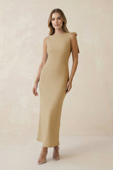 Bateau Neck Sheath Satin Midi Bridesmaid Dress With Bow in Champagne - KISS BRIDAL Bridesmaid Dresses