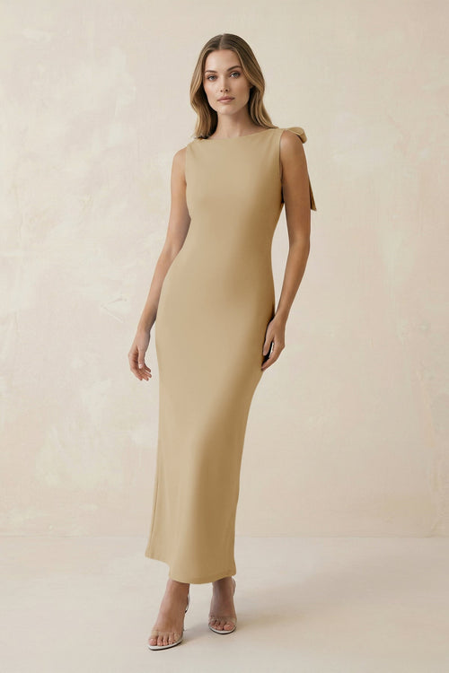 Bateau Neck Sheath Satin Midi Bridesmaid Dress With Bow in Champagne - KISS BRIDAL Bridesmaid Dresses