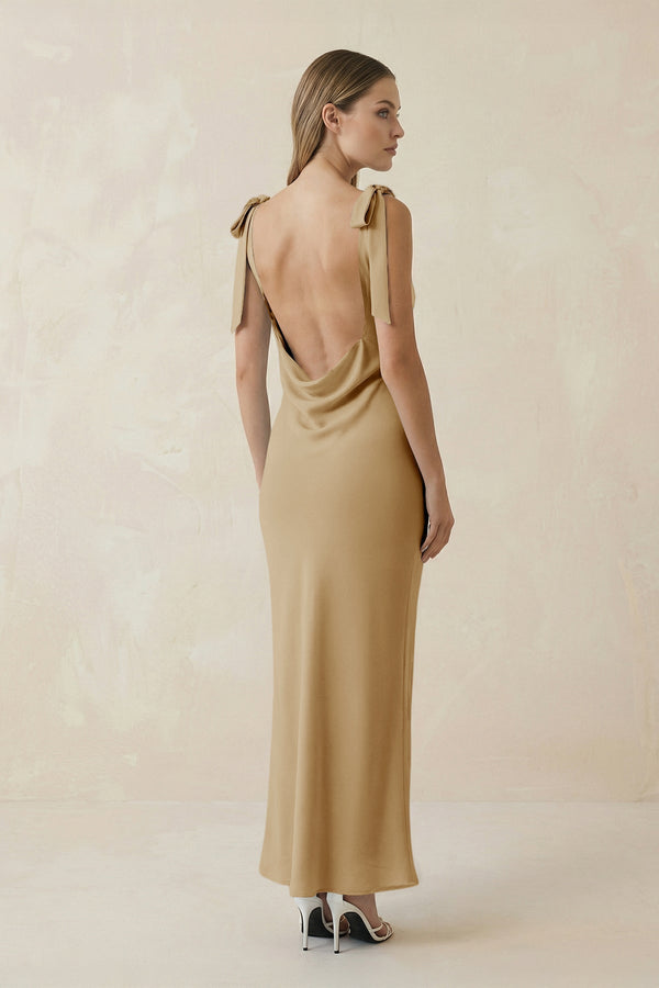 Bateau Neck Sheath Satin Midi Bridesmaid Dress With Bow in Champagne - KISS BRIDAL Bridesmaid Dresses