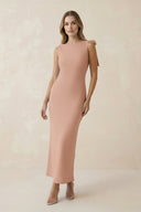Bateau Neck Sheath Satin Midi Bridesmaid Dress With Bow in Champagne Rose - KISS BRIDAL Bridesmaid Dresses