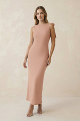 Bateau Neck Sheath Satin Midi Bridesmaid Dress With Bow in Champagne Rose - KISS BRIDAL Bridesmaid Dresses