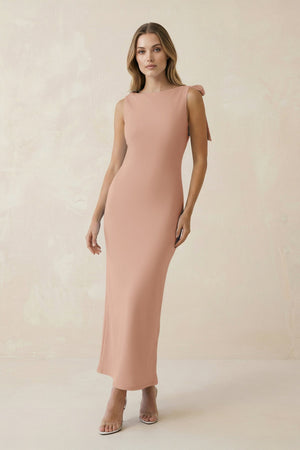 Bateau Neck Sheath Satin Midi Bridesmaid Dress With Bow in Champagne Rose - KISS BRIDAL Bridesmaid Dresses