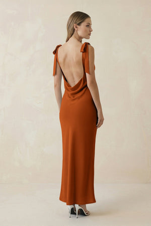 Bateau Neck Sheath Satin Midi Bridesmaid Dress With Bow in Cinnamon - KISS BRIDAL Bridesmaid Dresses