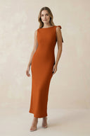Bateau Neck Sheath Satin Midi Bridesmaid Dress With Bow in Cinnamon - KISS BRIDAL Bridesmaid Dresses