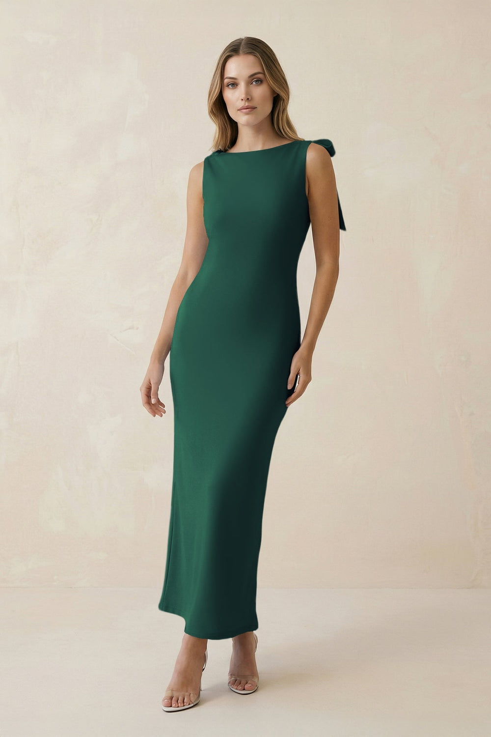Bateau Neck Sheath Satin Midi Bridesmaid Dress With Bow in Dark Green - KISS BRIDAL Bridesmaid Dresses