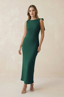Bateau Neck Sheath Satin Midi Bridesmaid Dress With Bow in Dark Green - KISS BRIDAL Bridesmaid Dresses