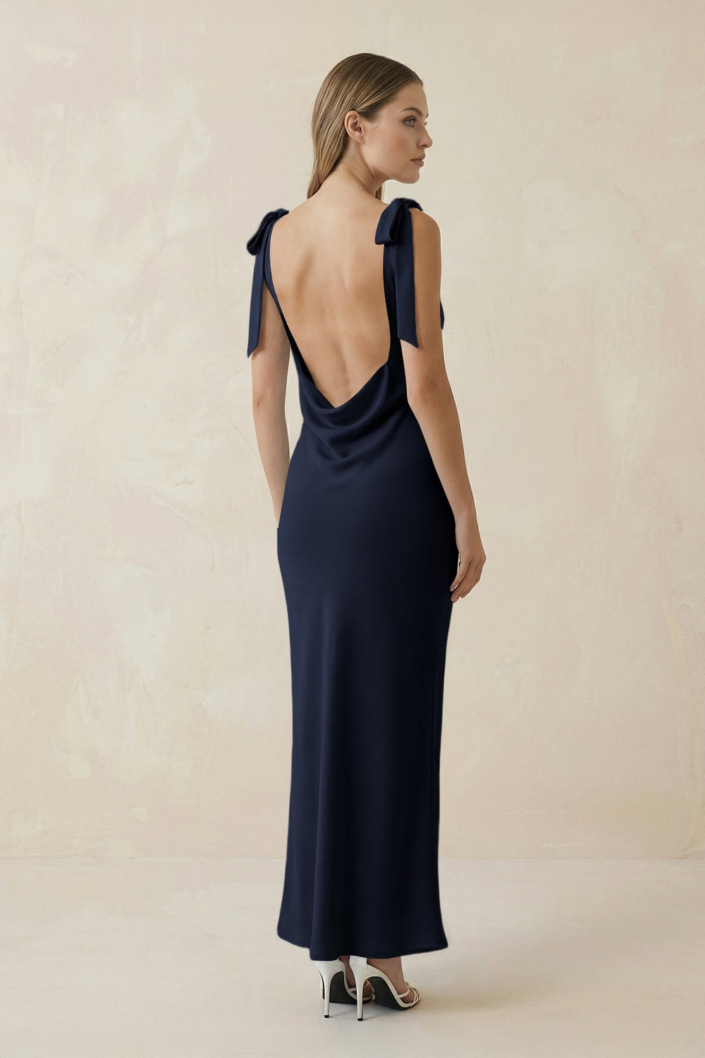 Bateau Neck Sheath Satin Midi Bridesmaid Dress With Bow in Dark Navy - KISS BRIDAL Bridesmaid Dresses