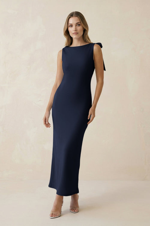 Bateau Neck Sheath Satin Midi Bridesmaid Dress With Bow in Dark Navy - KISS BRIDAL Bridesmaid Dresses