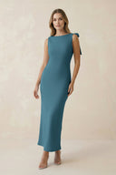 Bateau Neck Sheath Satin Midi Bridesmaid Dress With Bow in Dark Teal - KISS BRIDAL Bridesmaid Dresses