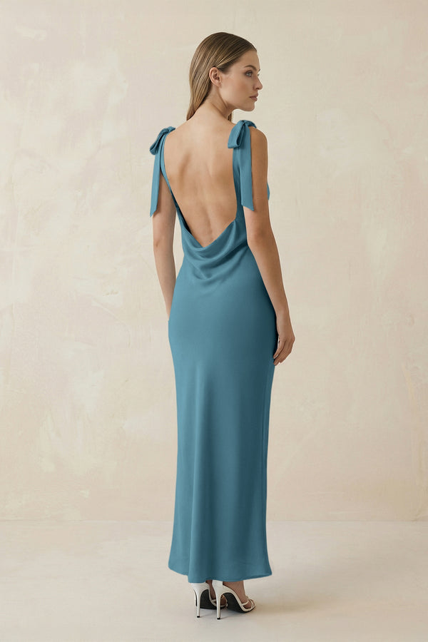 Bateau Neck Sheath Satin Midi Bridesmaid Dress With Bow in Dark Teal - KISS BRIDAL Bridesmaid Dresses