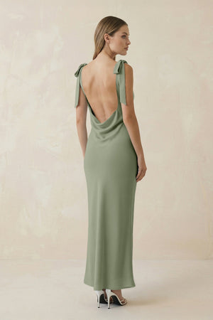 Bateau Neck Sheath Satin Midi Bridesmaid Dress With Bow in Dove Gray - KISS BRIDAL Bridesmaid Dresses