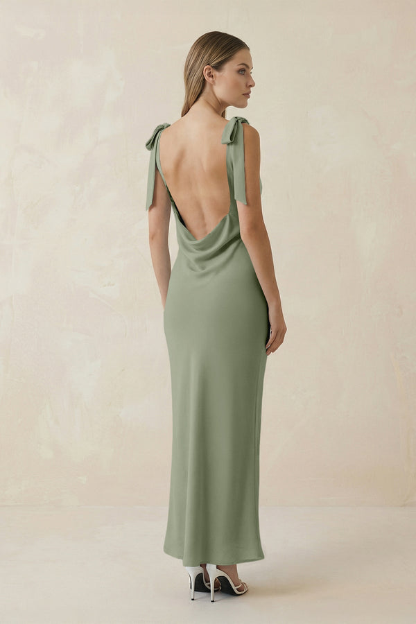 Bateau Neck Sheath Satin Midi Bridesmaid Dress With Bow in Dove Gray - KISS BRIDAL Bridesmaid Dresses