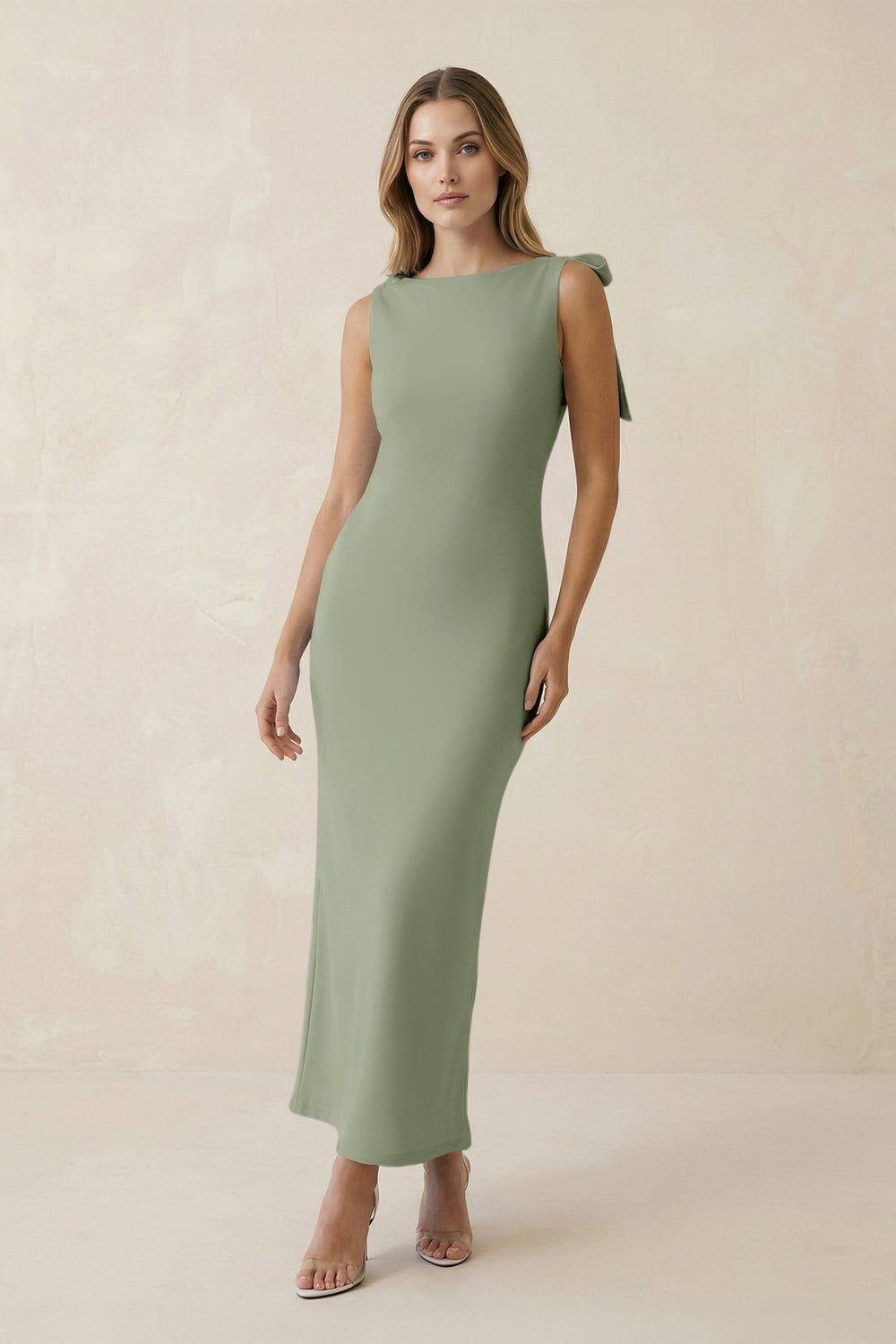Bateau Neck Sheath Satin Midi Bridesmaid Dress With Bow in Dove Gray - KISS BRIDAL Bridesmaid Dresses