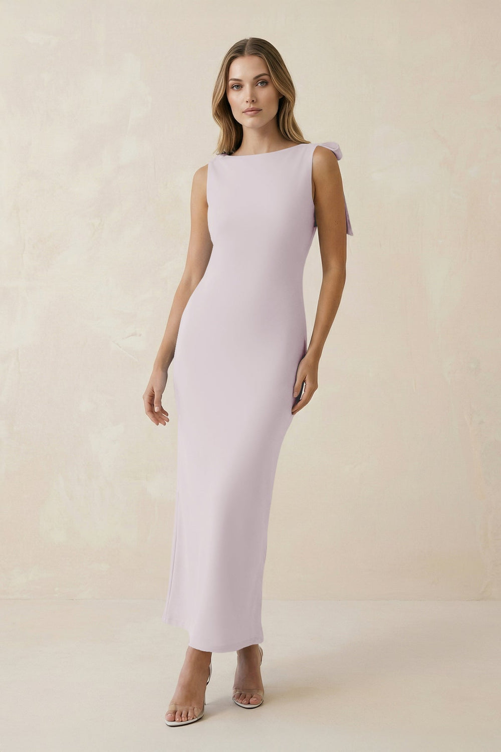 Bateau Neck Sheath Satin Midi Bridesmaid Dress With Bow in Dusk - KISS BRIDAL Bridesmaid Dresses