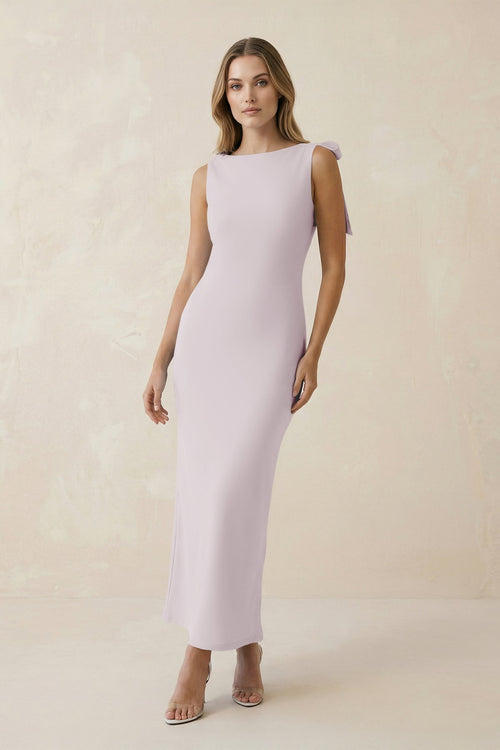 Bateau Neck Sheath Satin Midi Bridesmaid Dress With Bow in Dusk - KISS BRIDAL Bridesmaid Dresses