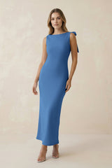 Bateau Neck Sheath Satin Midi Bridesmaid Dress With Bow in Dusty Blue - KISS BRIDAL Bridesmaid Dresses