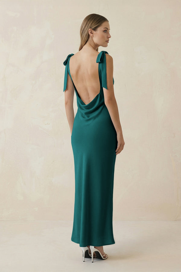 Bateau Neck Sheath Satin Midi Bridesmaid Dress With Bow in Emerald - KISS BRIDAL Bridesmaid Dresses