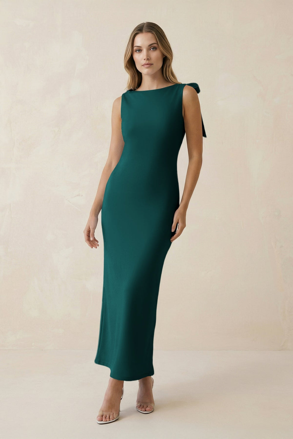 Bateau Neck Sheath Satin Midi Bridesmaid Dress With Bow in Emerald - KISS BRIDAL Bridesmaid Dresses