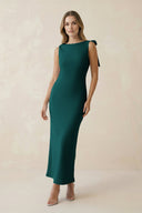 Bateau Neck Sheath Satin Midi Bridesmaid Dress With Bow in Emerald - KISS BRIDAL Bridesmaid Dresses