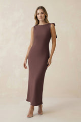 Bateau Neck Sheath Satin Midi Bridesmaid Dress With Bow in Espresso - KISS BRIDAL Bridesmaid Dresses
