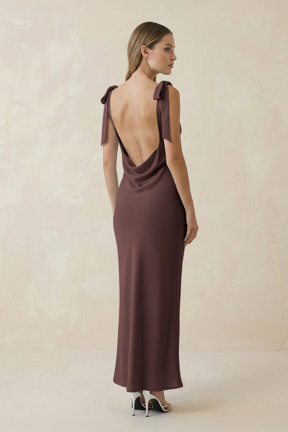 Bateau Neck Sheath Satin Midi Bridesmaid Dress With Bow in Espresso - KISS BRIDAL Bridesmaid Dresses