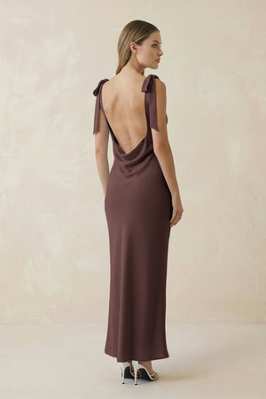 Bateau Neck Sheath Satin Midi Bridesmaid Dress With Bow in Espresso - KISS BRIDAL Bridesmaid Dresses