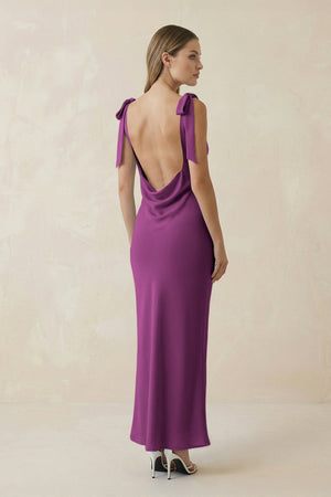 Bateau Neck Sheath Satin Midi Bridesmaid Dress With Bow in Fig - KISS BRIDAL Bridesmaid Dresses