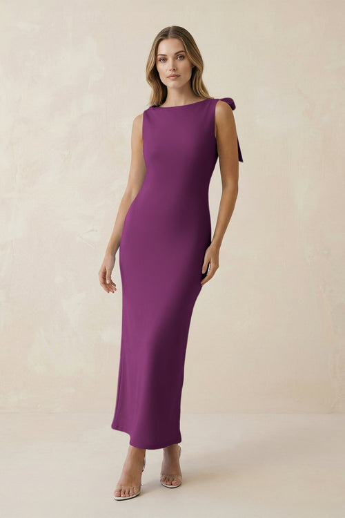 Bateau Neck Sheath Satin Midi Bridesmaid Dress With Bow in Fig - KISS BRIDAL Bridesmaid Dresses