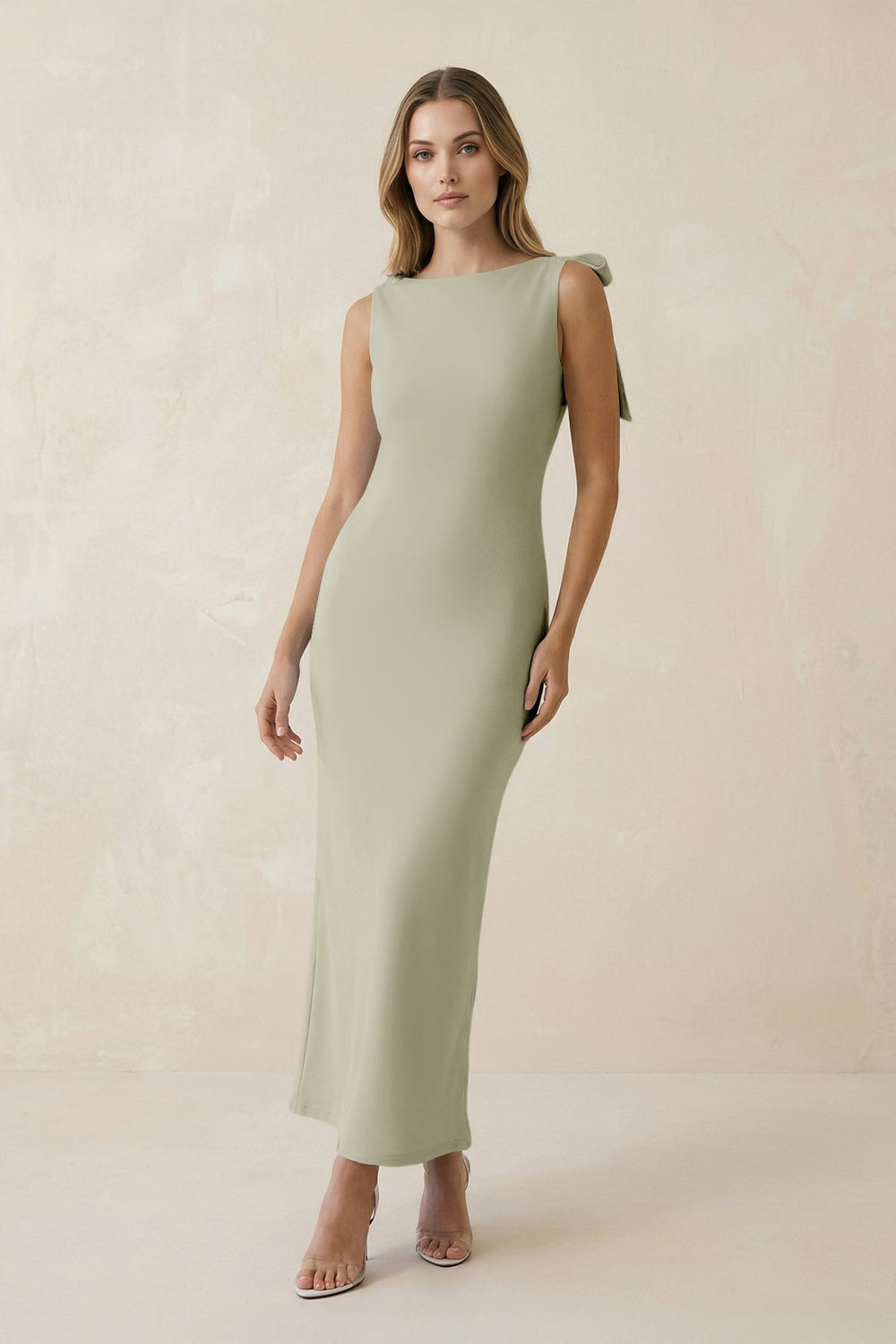 Bateau Neck Sheath Satin Midi Bridesmaid Dress With Bow in Frost - KISS BRIDAL Bridesmaid Dresses
