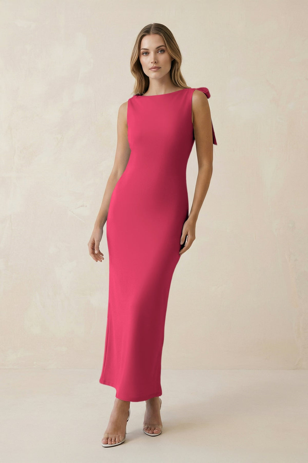 Bateau Neck Sheath Satin Midi Bridesmaid Dress With Bow in Fuchsia - SHE IS ME Bridesmaid Dresses