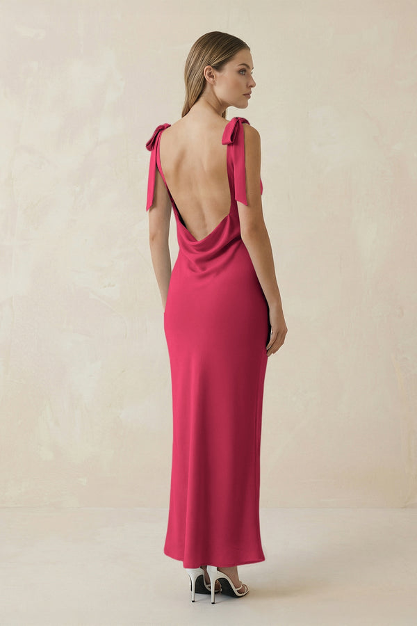 Bateau Neck Sheath Satin Midi Bridesmaid Dress With Bow in Fuchsia - KISS BRIDAL Bridesmaid Dresses