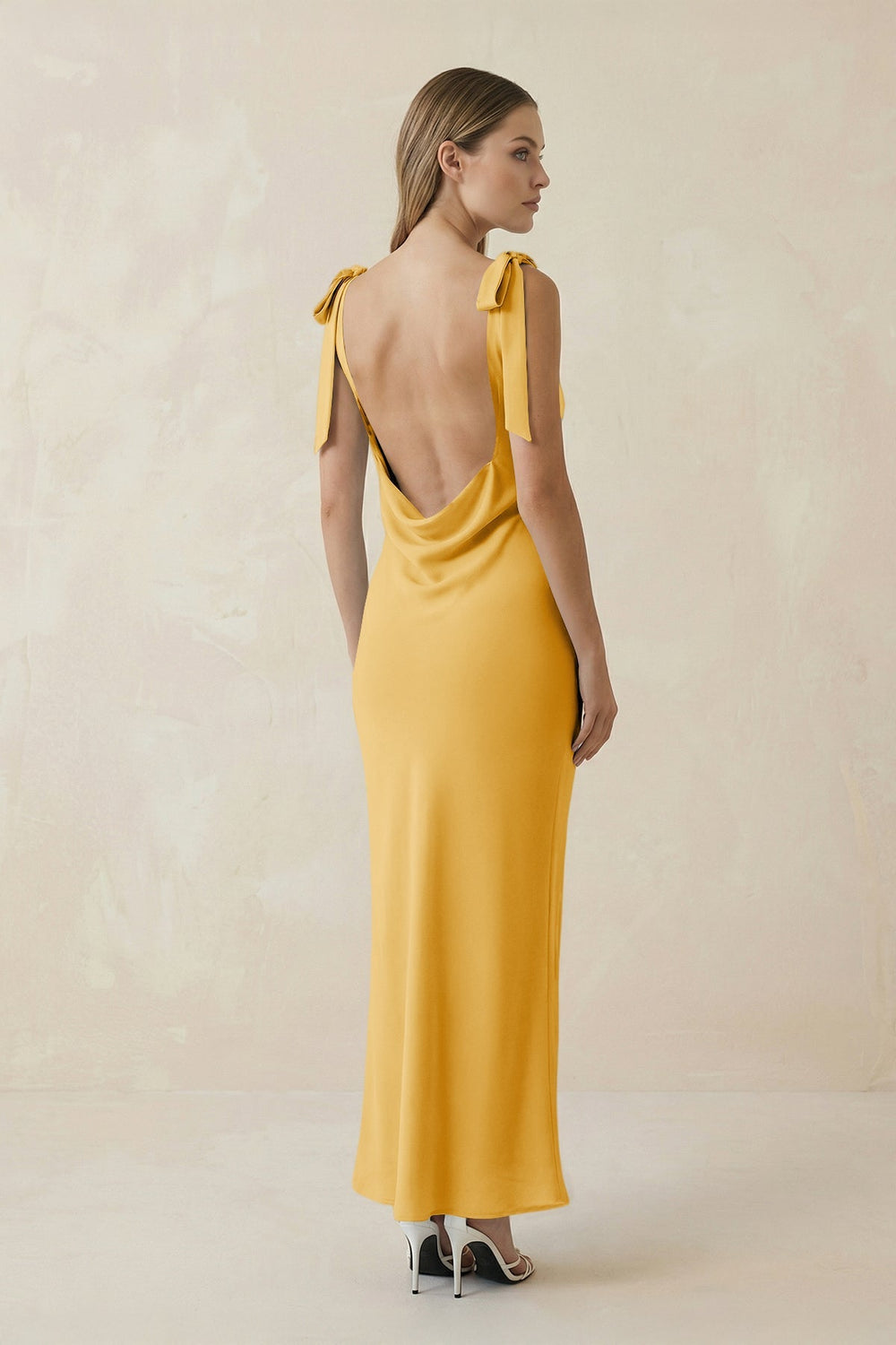 Bateau Neck Sheath Satin Midi Bridesmaid Dress With Bow in Gold - KISS BRIDAL Bridesmaid Dresses