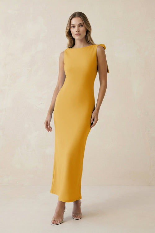 Bateau Neck Sheath Satin Midi Bridesmaid Dress With Bow in Gold - KISS BRIDAL Bridesmaid Dresses